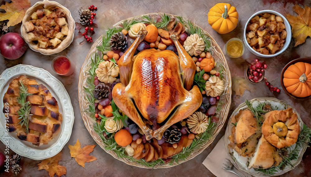 A Thanksgiving feast scene captures a top-down view of a roasted turkey with all the trimmings, showcasing the centerpiece of this traditional American holiday celebration.