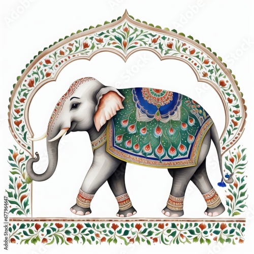 Mughal peacock elephant painting pattern on white background with AI Generative Technology