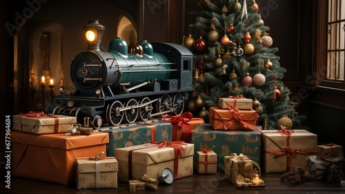scale Christmas gift train, with gifts and Christmas tree in the background, Christmas holidays