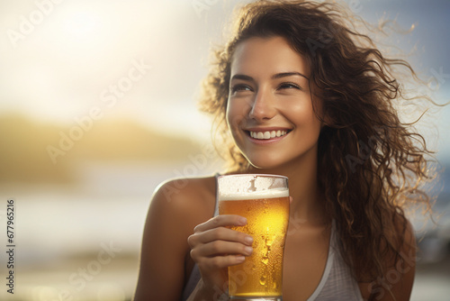 Woman smiling and holding a beer at the beach bokeh style background