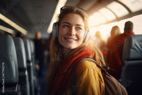 female backpacker traveler passenger Smiling on the plane in front of the passenger seat bokeh style background
