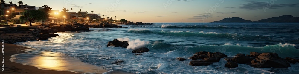 morning scene of island city with waves