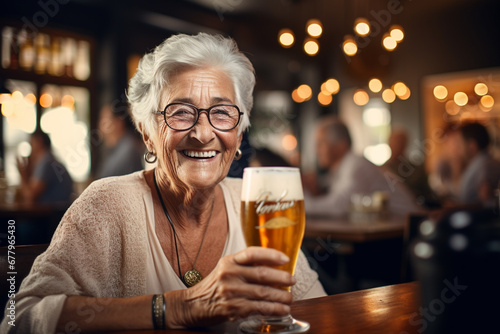 happy old woman holding a beer on the bar counter bokeh style background