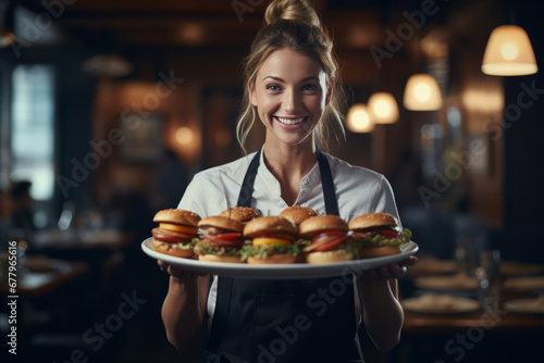 A woman holding a plate of burgers in a restaurant, in the style of uniformly staged images, radiating optimism and joy.