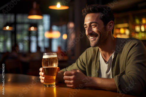 happy man holding a beer on the bar counter bokeh style background