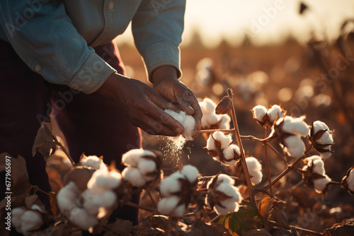 farmer hands harvesting cotton tree at cotton field bokeh style background photo