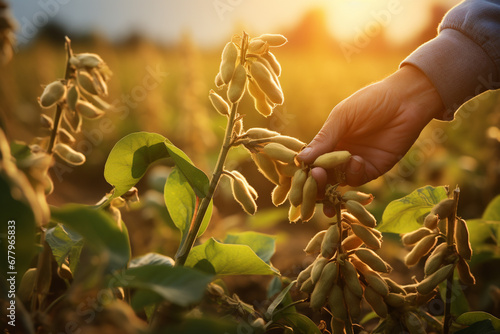 farmer hands harvesting soybeans tree at soybean farm bokeh style background photo