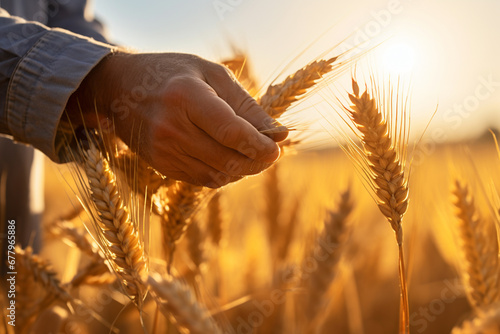 farmer hands harvesting rices tree at rice farm bokeh style background photo