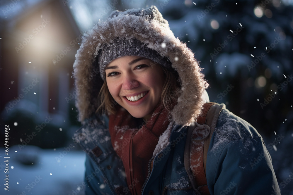 a woman smiling in front of her house in the winter season bokeh style background a woman smiling in front of her house in the winter season bokeh style background