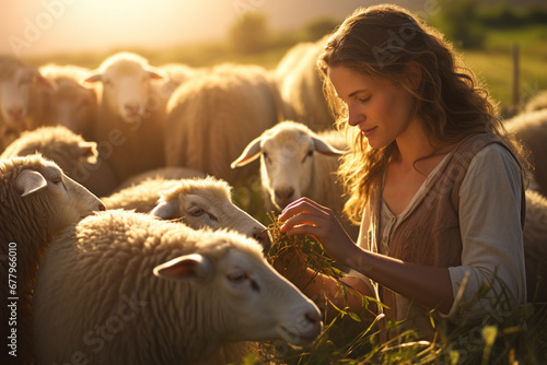 A shepherd farmer women feed a group sheep bokeh style background photo