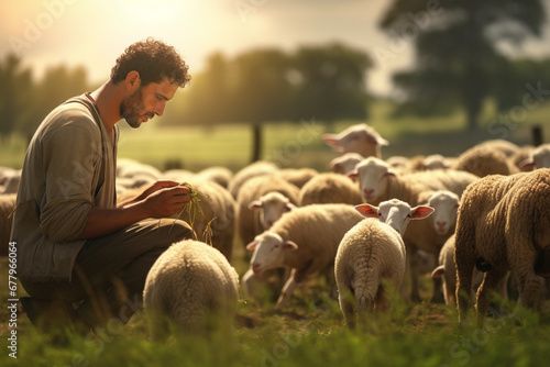 A shepherd farmer man feed a group sheep bokeh style background photo