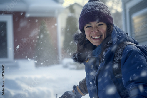 a woman smiling in front of her house in the winter season bokeh style background