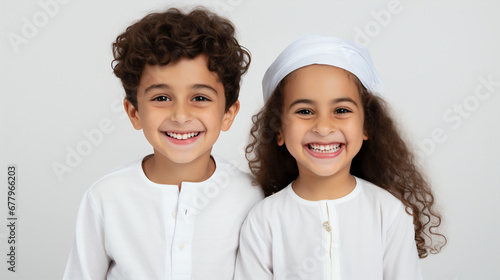 Portrait of happy arabian kids on isolated solid white background