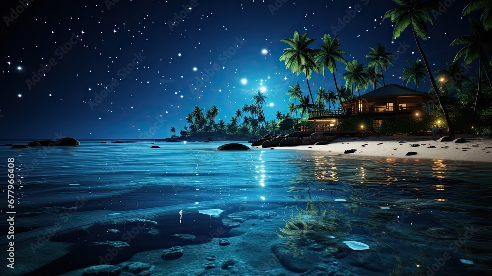 fantasy beach scene with night time sky