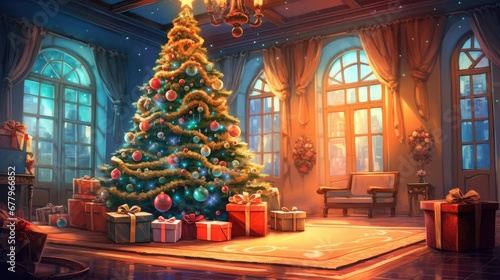 New Year's Eve and Christmas. An elegant Christmas tree with gifts under it in a cozy room. 