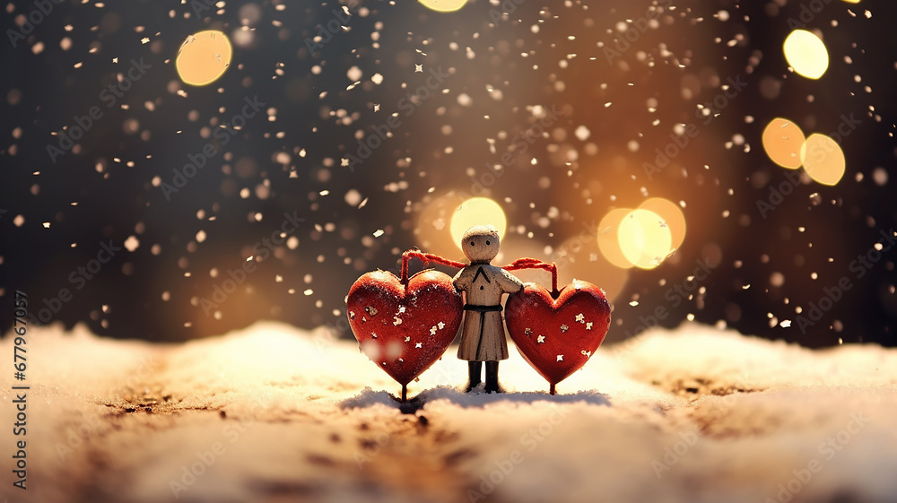 christmas card, heart-shaped decoration for the new year, the concept of winter holiday love december - obrazy, fototapety, plakaty 