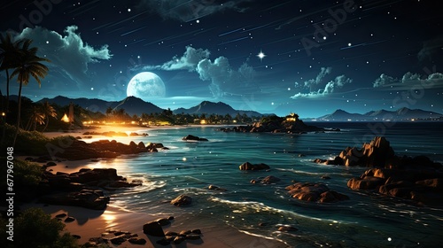 fantasy moonrise over the mountain and sea