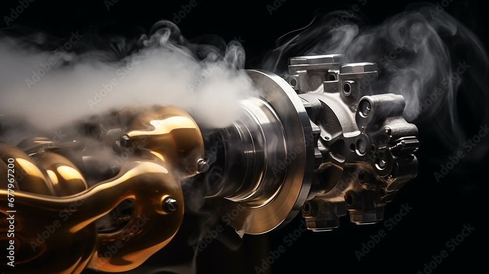 a running wound-up internal combustion engine is isolated on a black background, there is smoke, a car spare part is fictional graphics - obrazy, fototapety, plakaty 