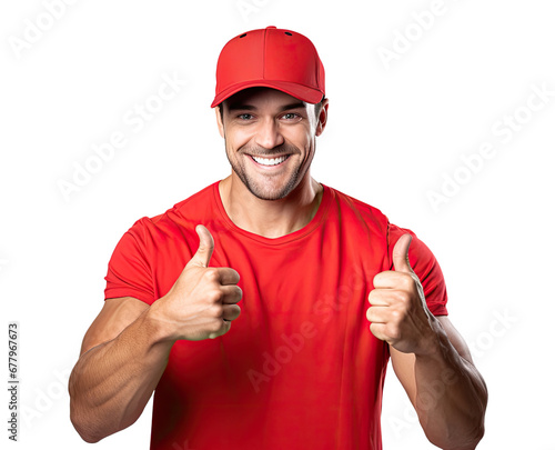 Man wearing red clothes and cap showing thumbs xup isolated on transparent background photo