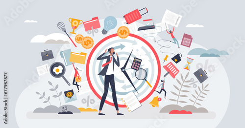 Acute stress and emotional frustration from overload tiny person concept. Unhealthy work life balance with many duties pressure and exhaustion vector illustration. Negative psychological struggle.