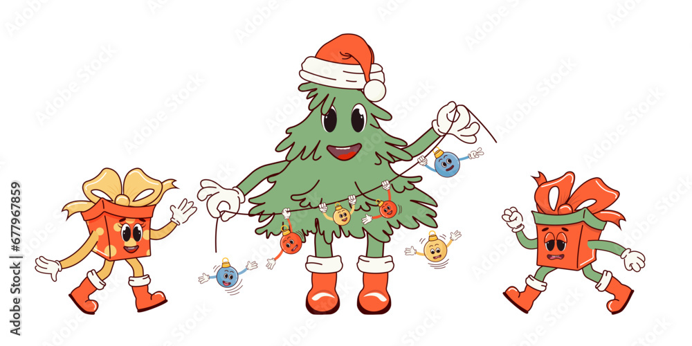 Cheerful, cheerful gift boxes and Christmas tree. Retro character in cartoon fashionable groovy style. The atmosphere is from the 60s and 70s. Merry Christmas and Happy New Year.