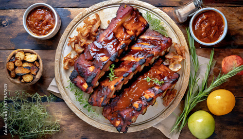 A summer barbecue platter features a top-down view of Kansas City-style barbecue ribs, coated in a smoky and tangy sauce, representing the bold and flavorful barbecue traditions of the Midwest.
