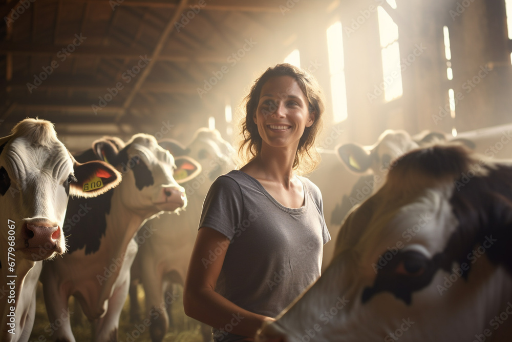 farmer woman pasthuring cows in her farm bokeh style background