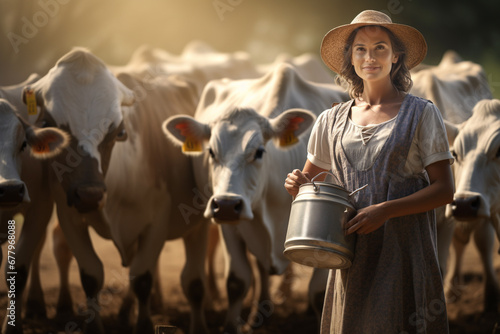 farmer woman holding milk tank in front of her cows bokeh style background