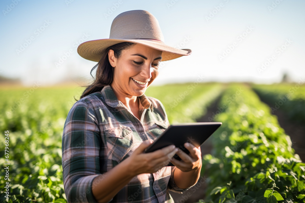 Fototapeta premium an agricultural woman smiles while working in a field with a tablet bokeh style background