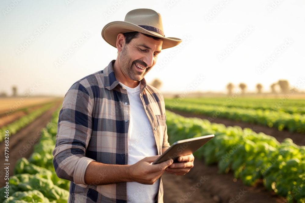 an agricultural man smiles while working in a field with a tablet bokeh style background an agricultural man smiles while working in a field with a tablet bokeh style background