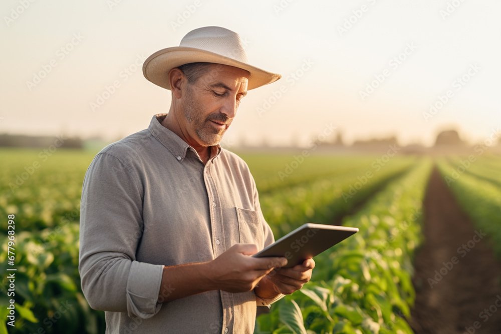 an agricultural man smiles while working in a field with a tablet bokeh style background an agricultural man smiles while working in a field with a tablet bokeh style background