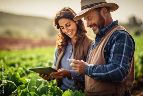 two agriculturals working in a field with a tablet bokeh style background