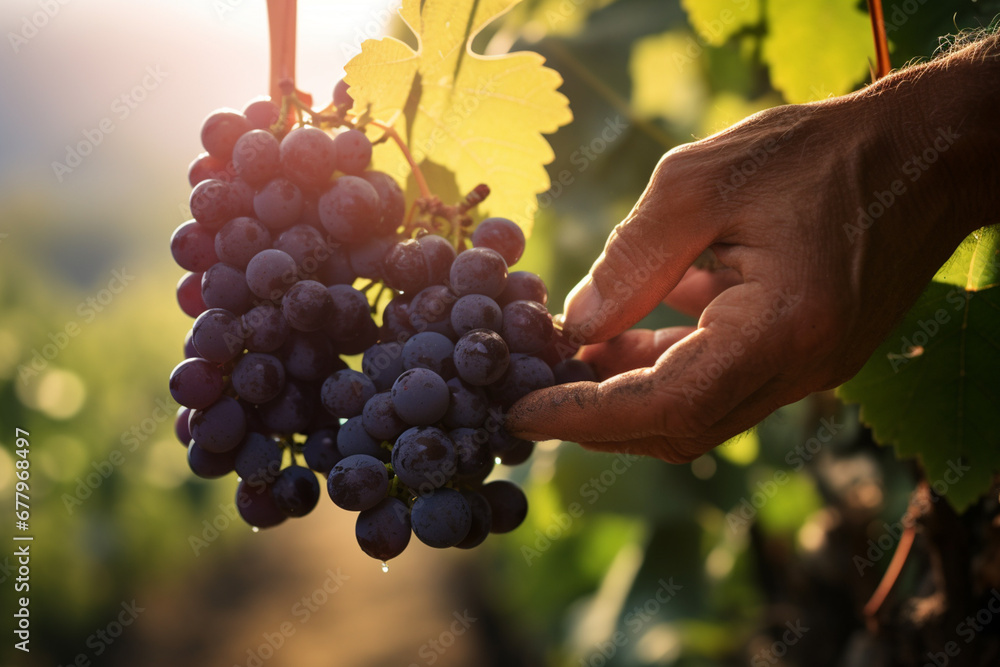 farmer hand harvesting grapes in grape farm bokeh style background