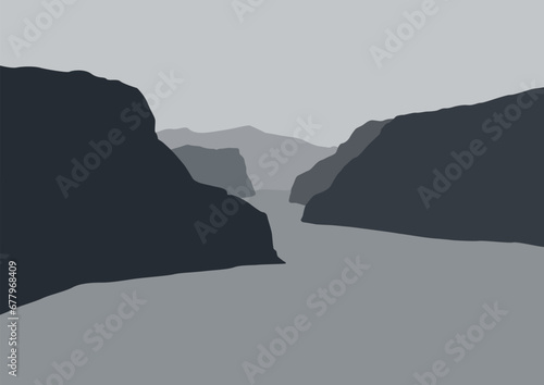 Landscape with lake and mountain. Vector illustration in flat style.