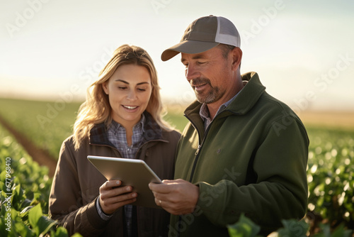 two agriculturals working in a field with a tablet bokeh style background