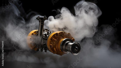a running wound-up internal combustion engine is isolated on a black background, there is smoke, a car spare part is fictional graphics photo