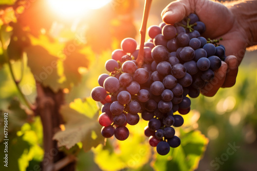 farmer hand harvesting grapes in grape farm bokeh style background