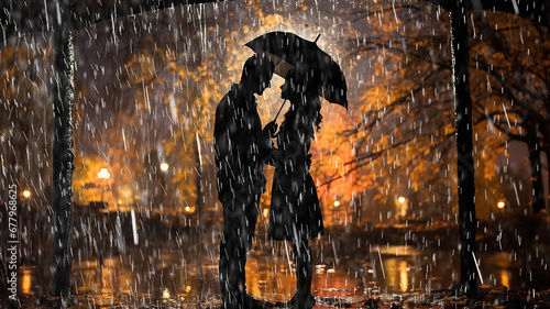 silhouette of a couple in love under the autumn rain with an umbrella, heavy rain shower raindrops in motion background