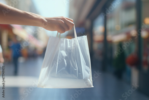 hand holding a plastic shopping bag bokeh style background photo