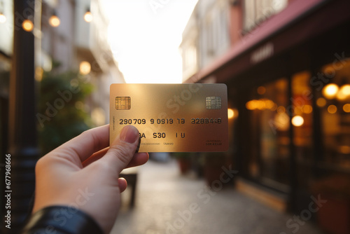 hand holding a credit card concept cashless payment bokeh style background