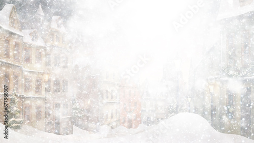 white snowfall design background, illustration christmas background, small abstract houses in heavy snowfall, blurry winter view of snow falling © kichigin19