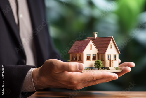 close up businessman holding a house model bokeh style background