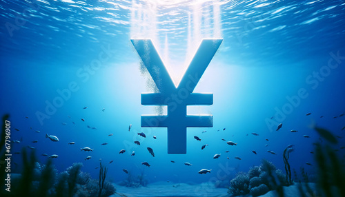 Underwater View of Yen Symbol Sinking in the Sea photo