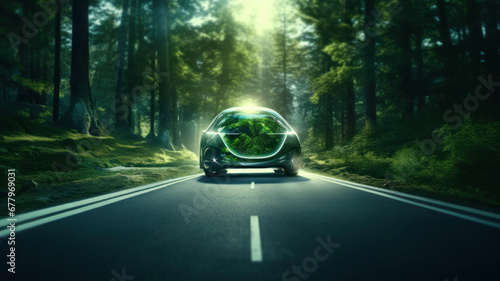 Eco car on forest road with earth planet going through forest, Ecosystem ecology healthy environment road trip trave photo