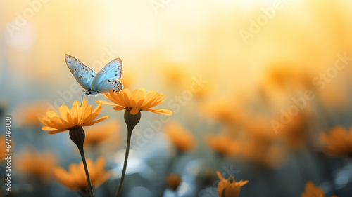 a small blue butterfly on a background of yellow flowers in the morning mist of spring. wildlife on the flower field, the concept of eco cleanliness of ecology and freedom