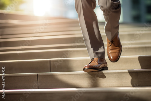 a business man walking down the steps bokeh style background