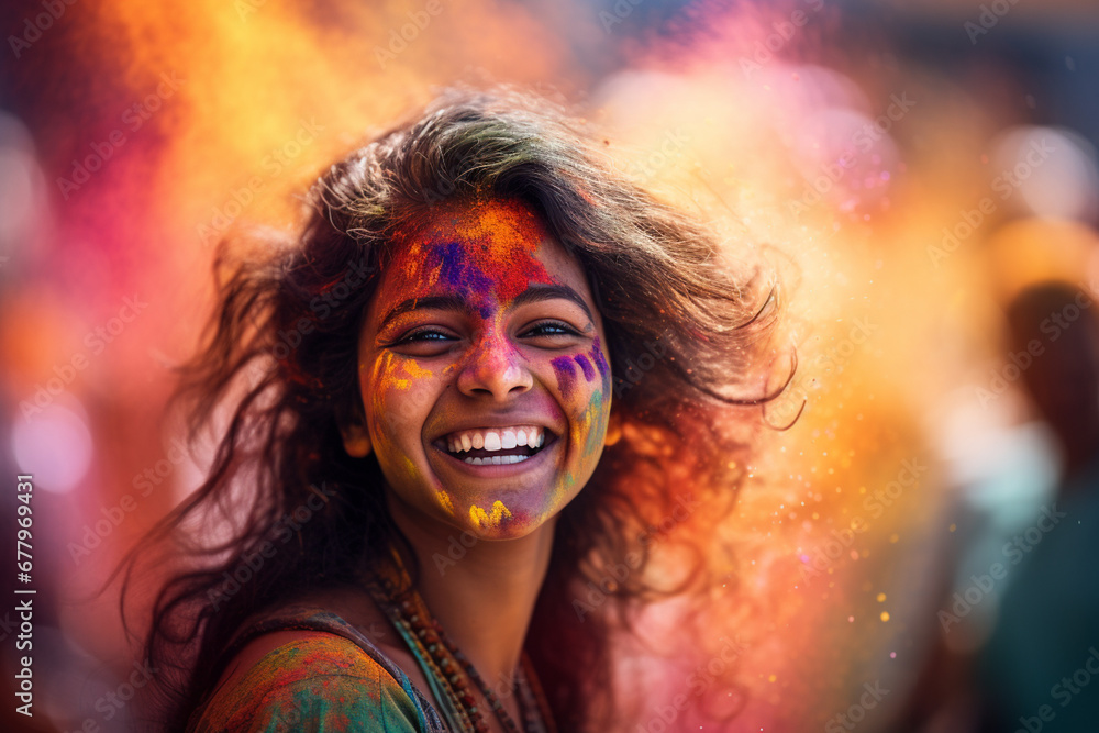 happy indian woman with holi powder on her face at holi festival bokeh style background happy indian woman with holi powder on her face at holi festival bokeh style background