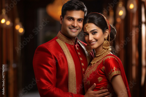 a happy indian bride and groom wearing traditional red attire bokeh style background