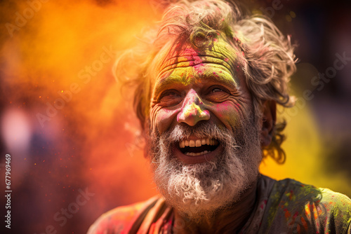 happy indian man with holi powder on his face at holi festival bokeh style background