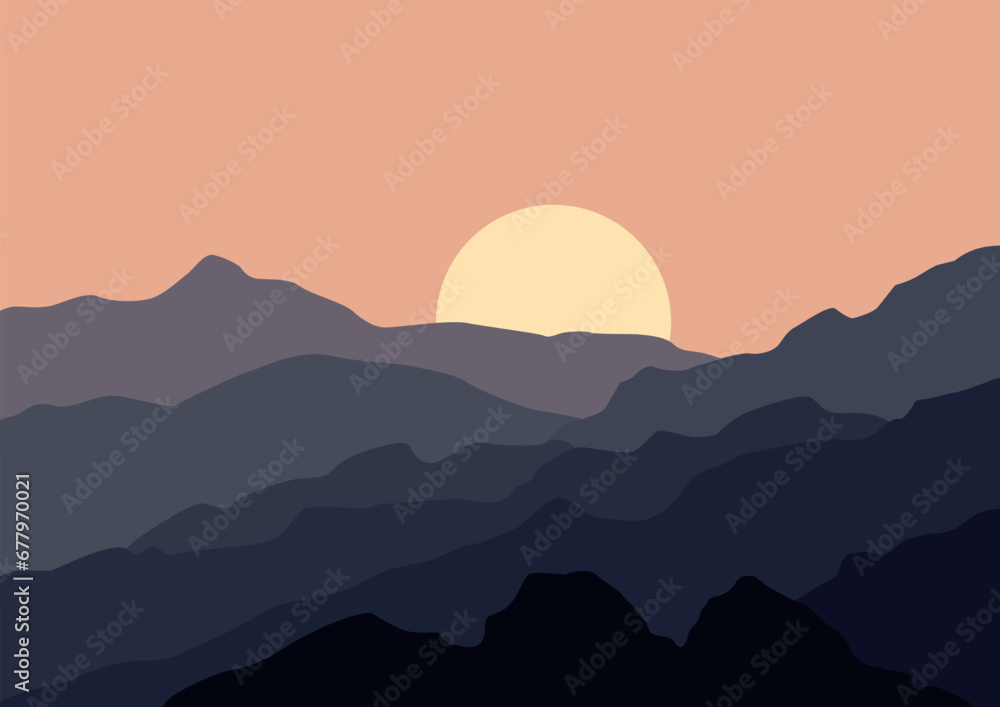 Landscape with mountains in the evening. Vector illustration in flat style.